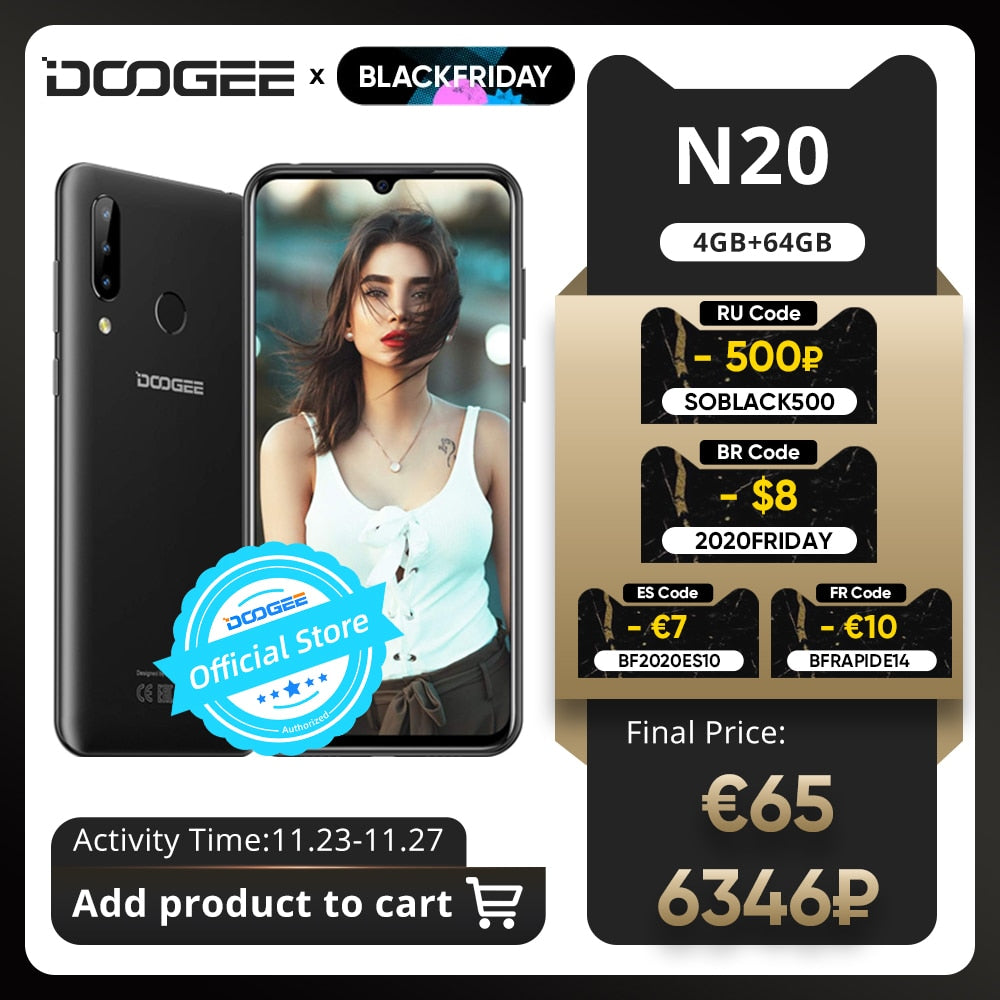 DOOGEE N20 Mobilephone Fingerprint 6.3inch FHD+ Display 16MP Triple Back Camera 64GB 4GB MT6763 Octa Core 4350mAh Cellphone LTE