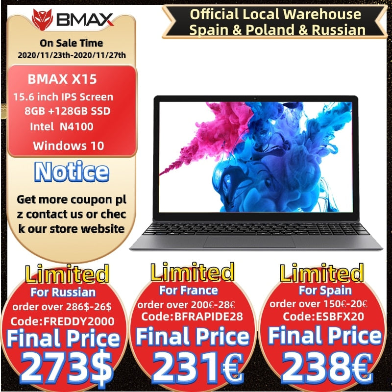 BMAX X15 15.6 inch Laptop 1920*1080 Intel Gemini Lake N4100 Intel UHD Graphics 600 8GB LPDDR4 RAM 128GB SSD ROM Notebook X15