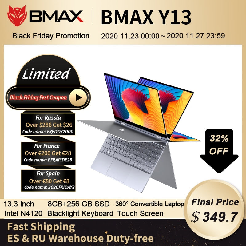 BMAX Y13  Notebook Computer 13.3 Inch 8GB RAM 256GB SSD Intel N4120 Laptops Window 10 1920×1020 Display with Blutooth Wifi