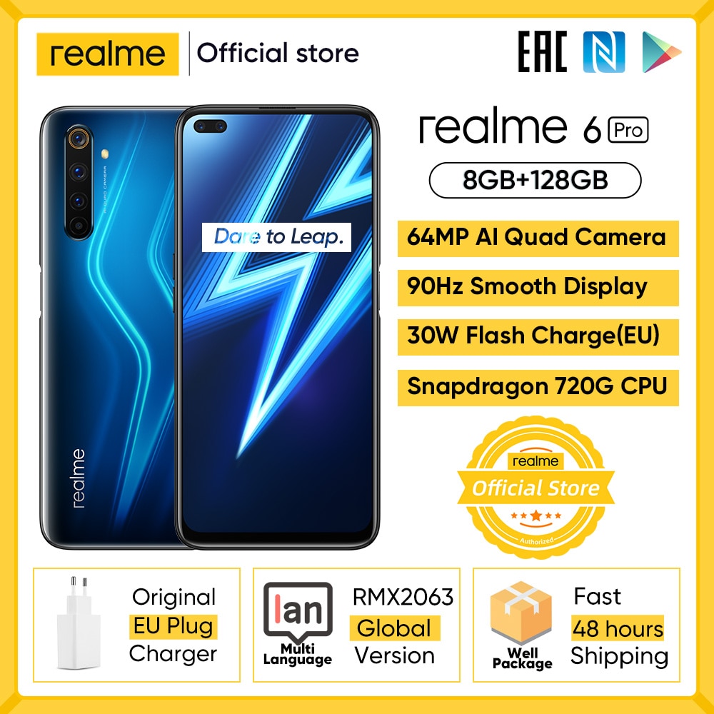 realme 6 Pro Smartphone 6.6inch 8GB RAM 128GB ROM Snapdragon 720G Telephone 4200mAh Battery 30W Flash Charge 64MP Mobile Phones