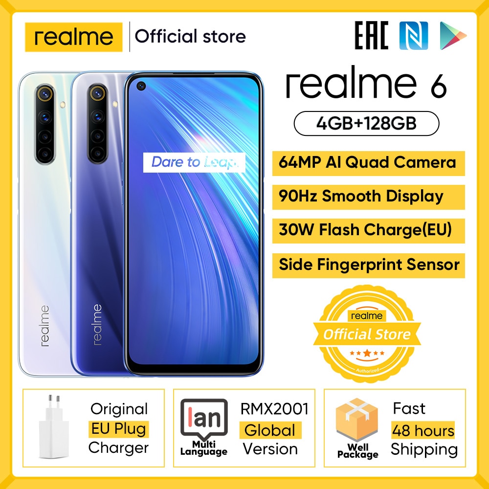 realme 6 Mobile Phone 4GB 8GB RAM 128GB ROM 90Hz Ultra Display Helio G90T 30W Flash Charge 4300mAh 64MP AI Camera Fingerprint ID